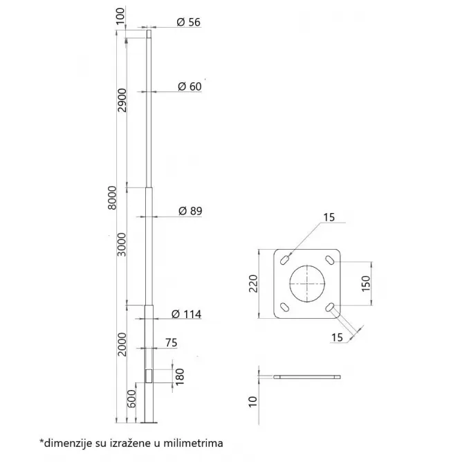 STUB SA STOPOM 8M GALVANIZOVAN SIVI - Slika 2