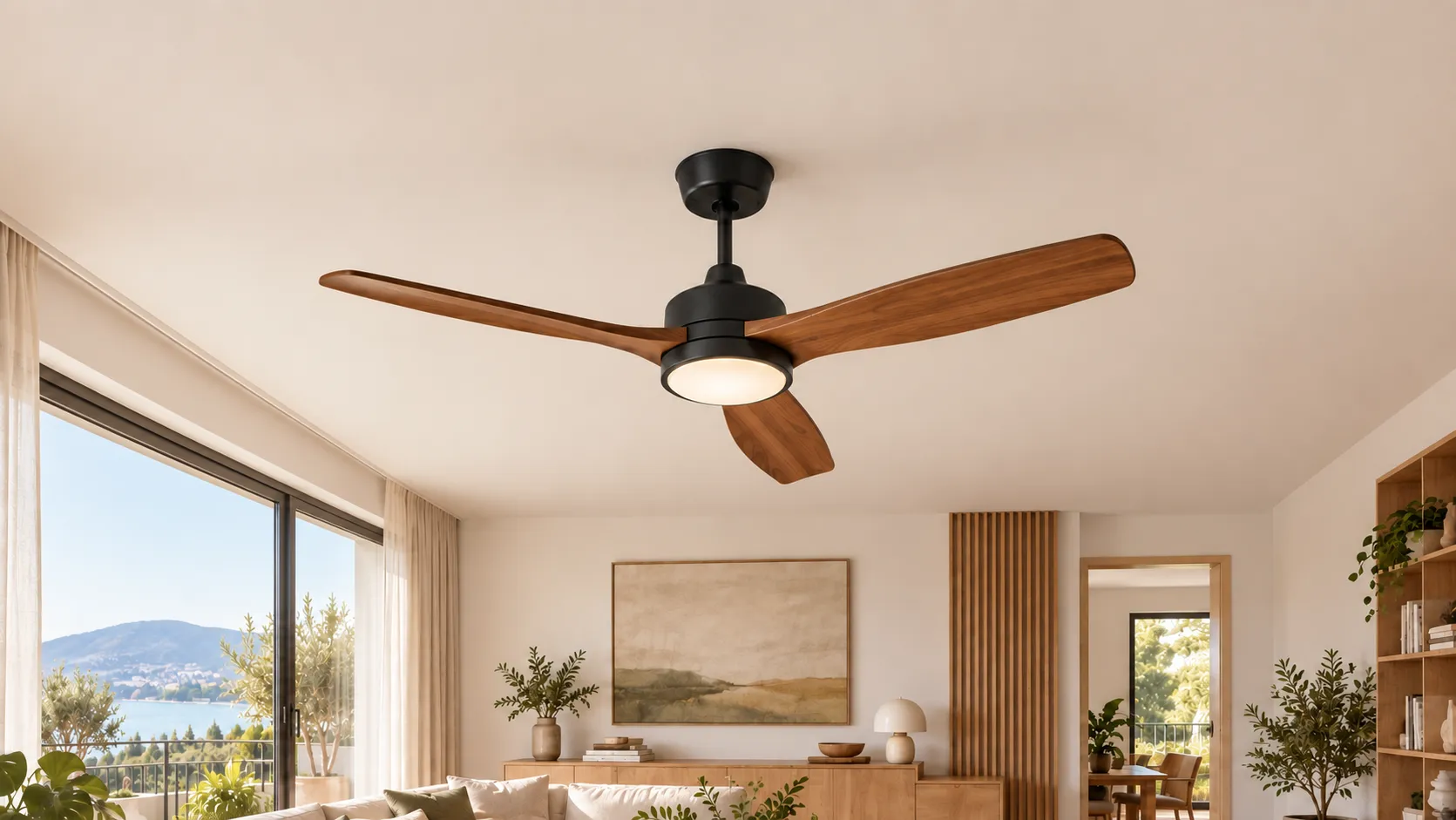 Plafonski ventilator sa LED svetlom u modernoj dnevnoj sobi