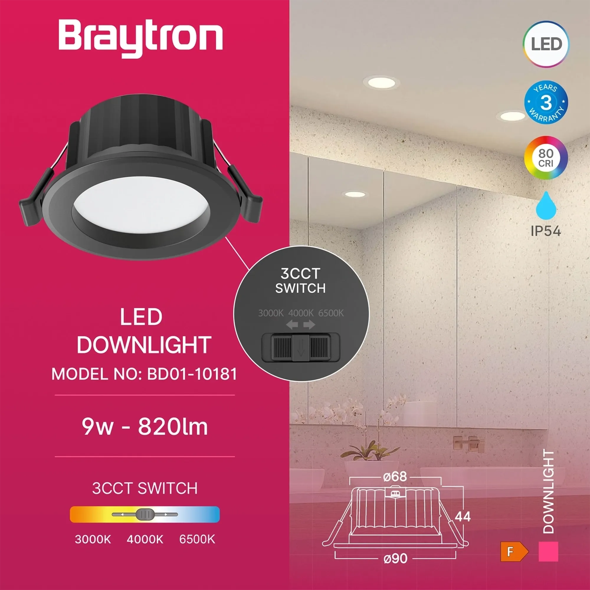 LED DOWNLIGHT D90 9W CRNI 3CCT IP54 - Slika 3