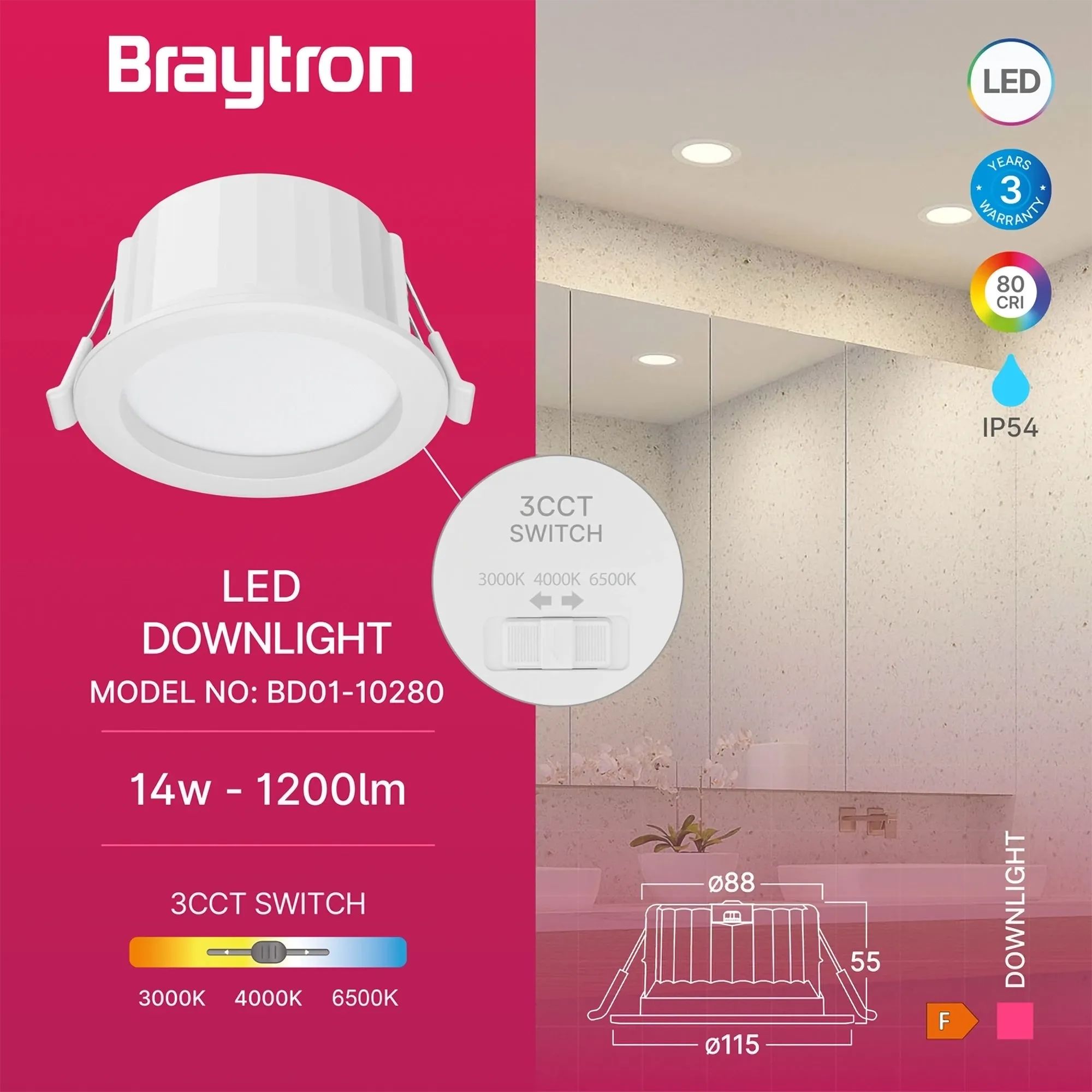 LED DOWNLIGHT D120 14W BELI 3CCT IP54 - Slika 3