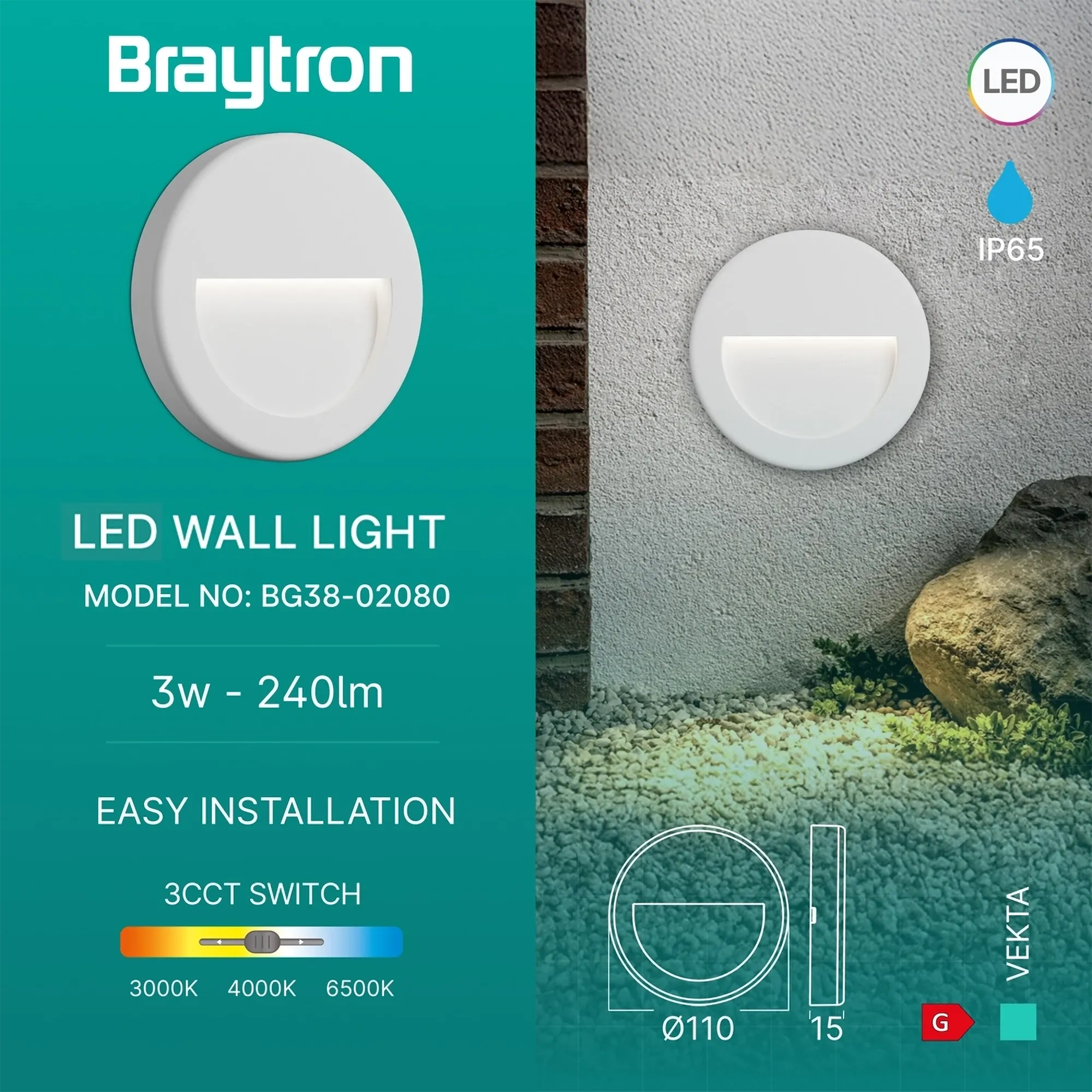 LED ZIDNA SVETILJKA OKRUGLA 3W BELA 3CCT IP65 - Slika 3