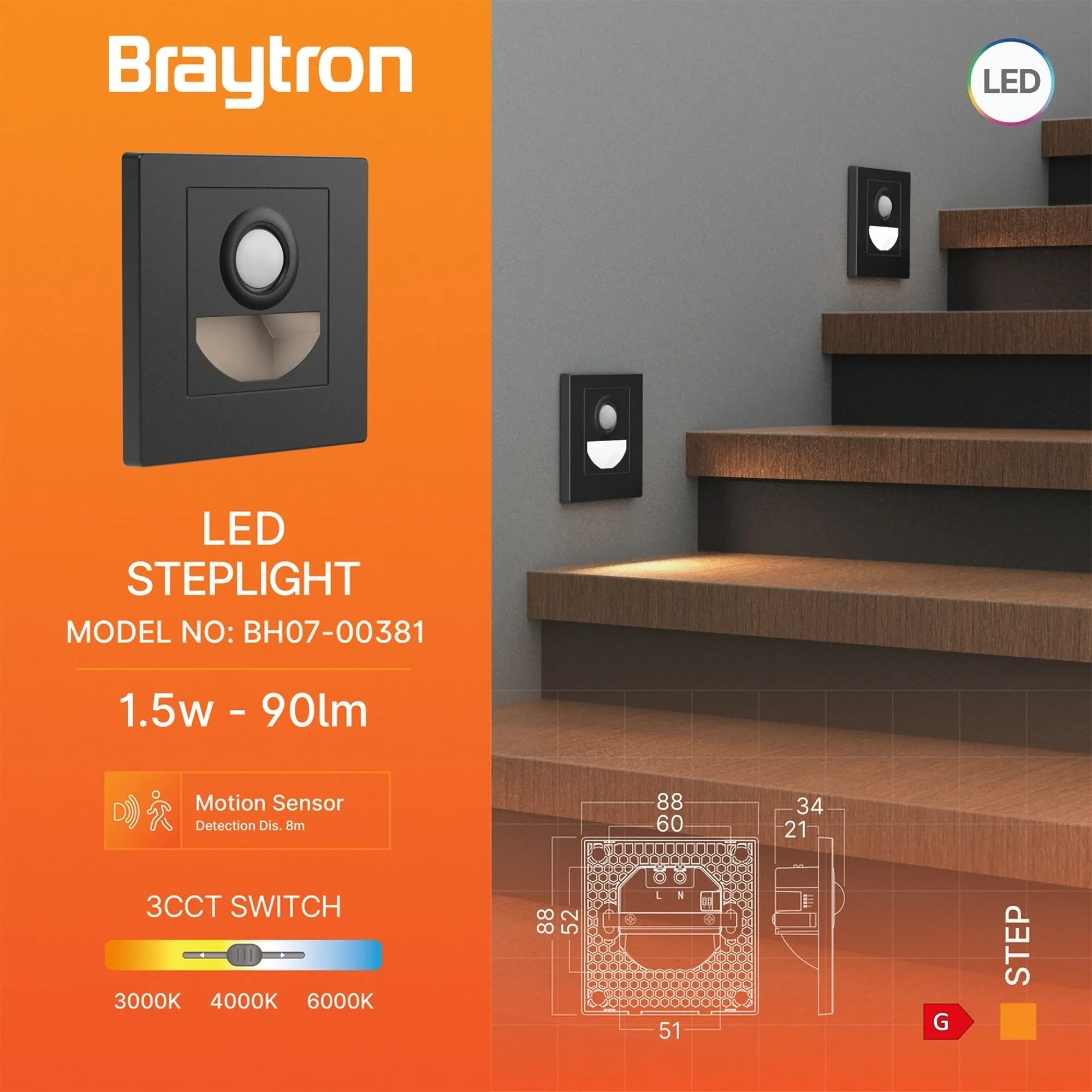 LED STEPENISNA SVETILJKA SA SENZOROM 1.5W CRNA 3CCT - Slika 3