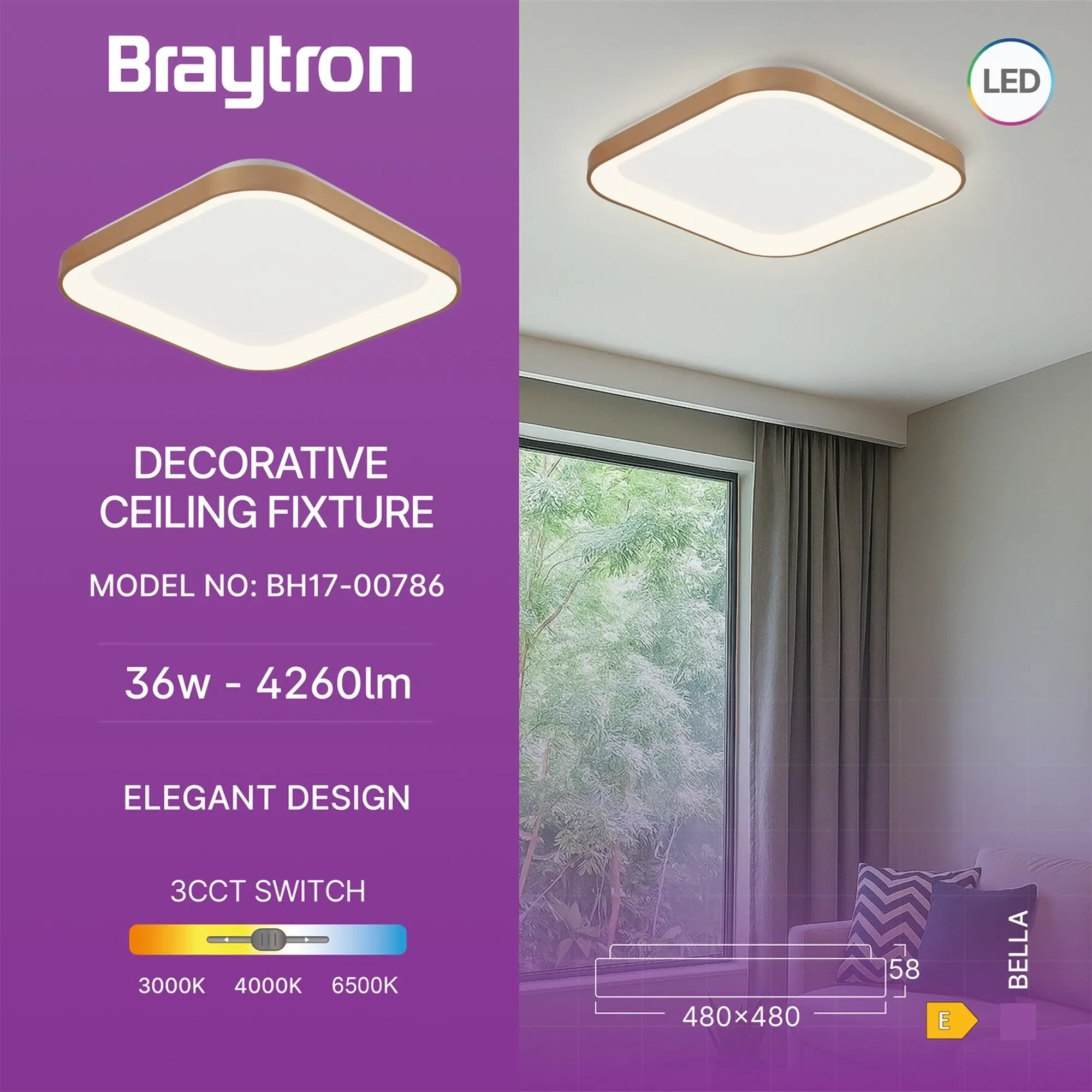 LED PLAFONJERA KVADRATNA 36W ZLATNA 3CCT - Slika 3