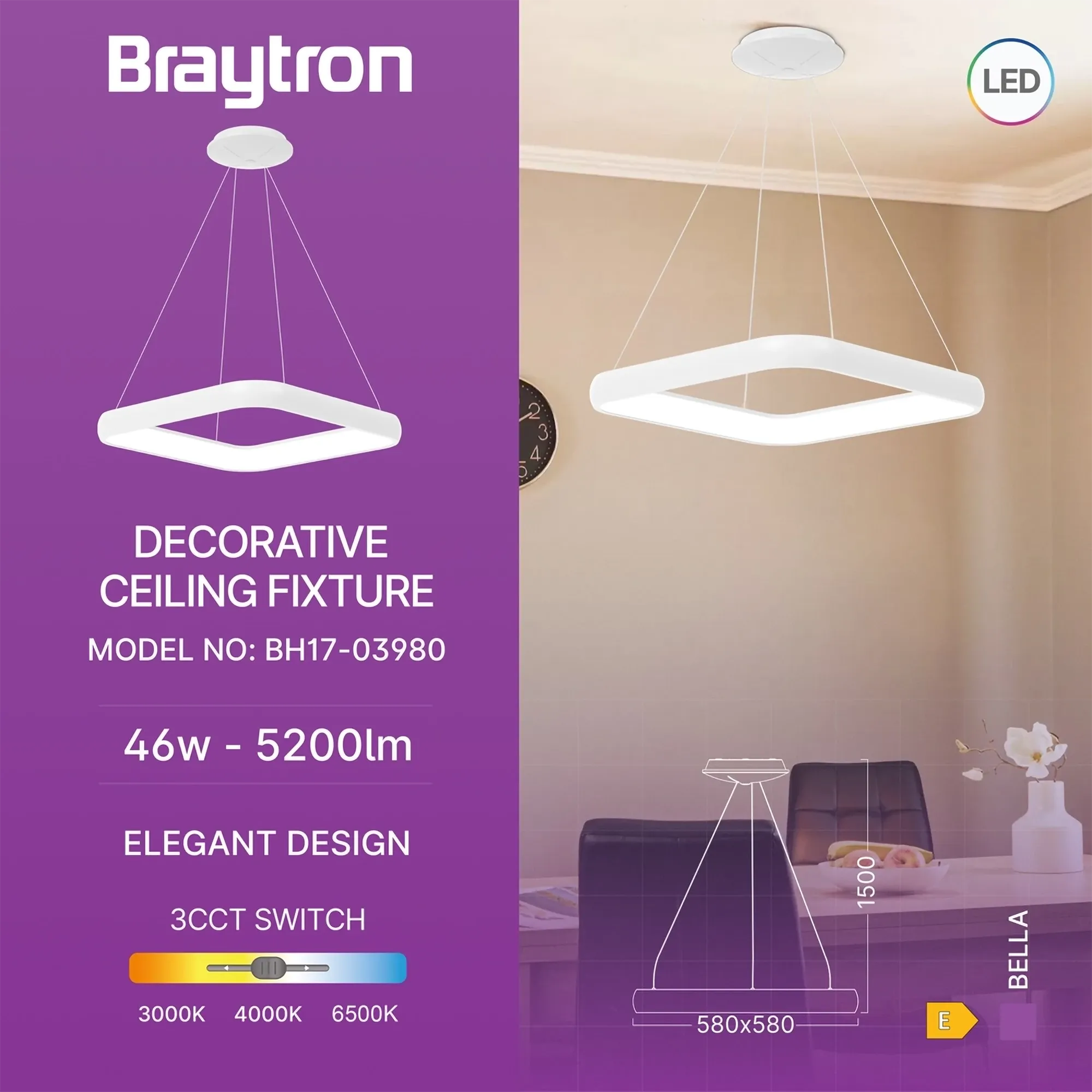 LED VISILICA KVADRATNA 46W BELA 3CCT - Slika 3
