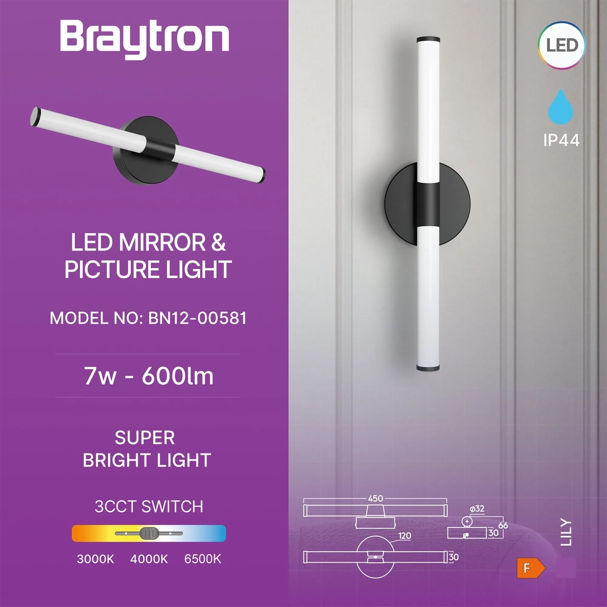 LED LAMPA ZA OGLEDALO 450MM 7W CRNA 3CCT IP44 - Slika 3