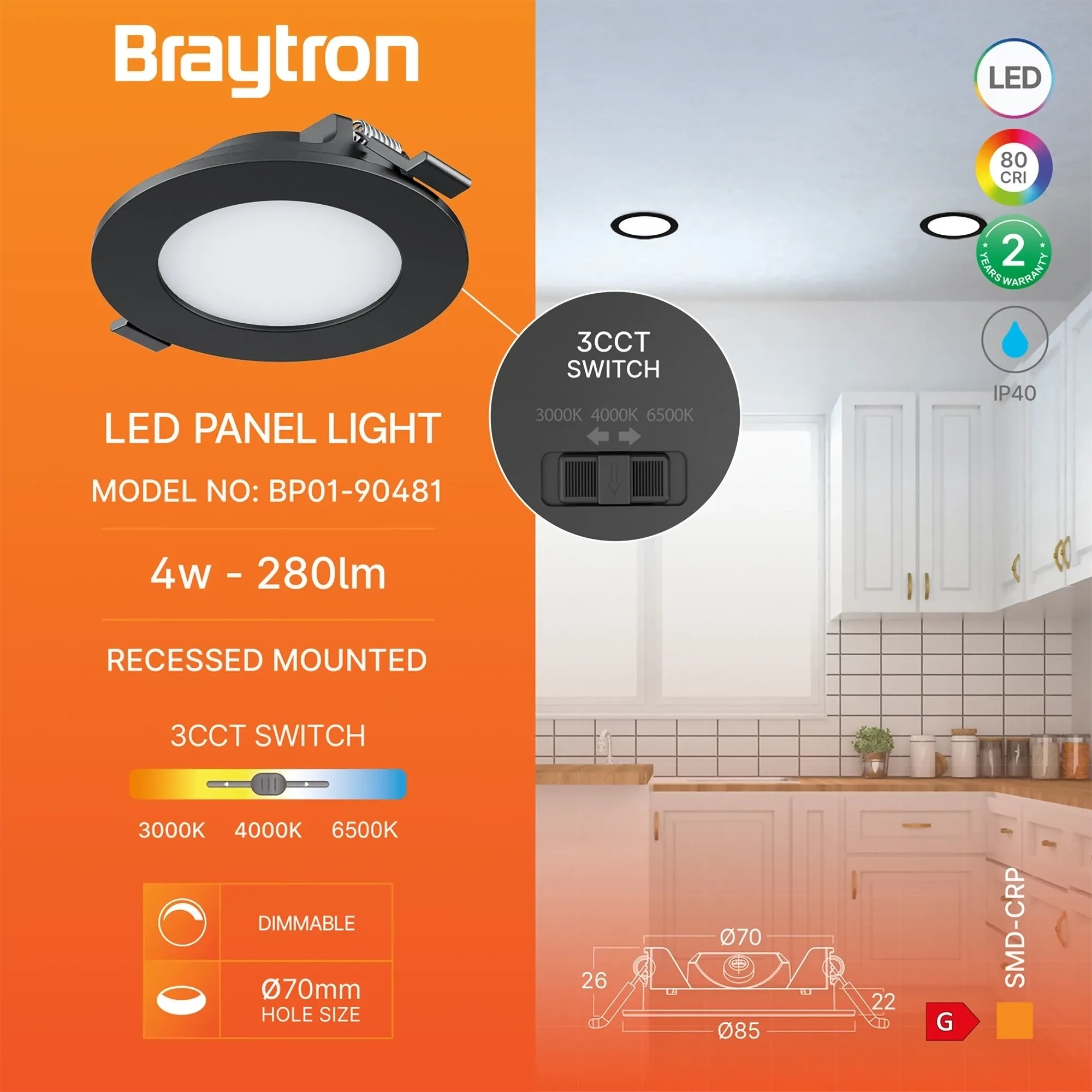 LED PANEL UGRADNI OKRUGLI 3" 4W CRNI 3CCT DIM - Slika 3