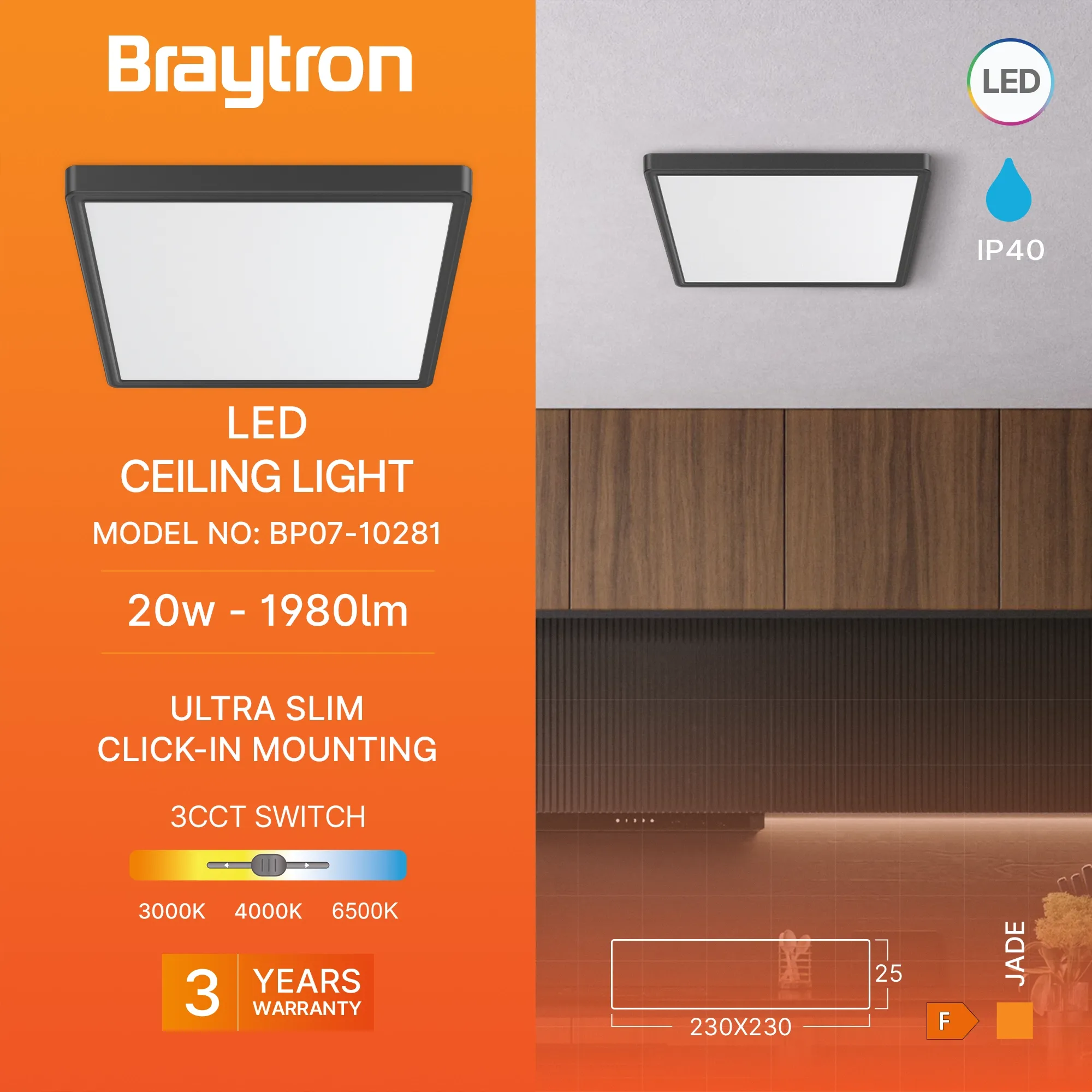 LED PLAFONJERA KVADRATNA 20W CRNA 3CCT - Slika 3