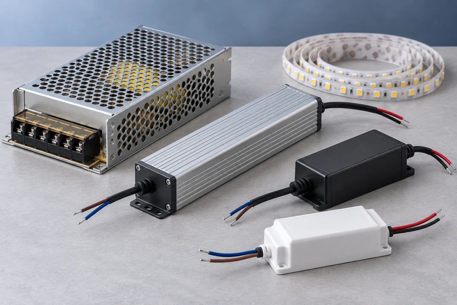 Metalna i slim LED napajanja, crni i beli drajveri pored namotane LED trake