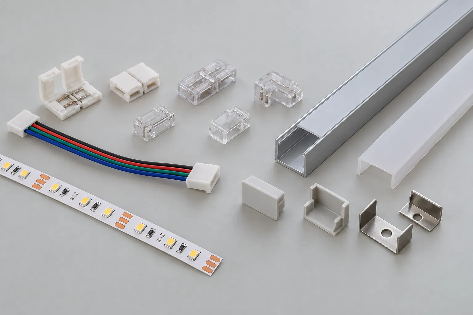 Konektori, priključni kabl, aluminijumski profil, difuzor i završne kapice za LED trake